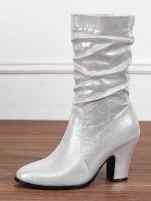 Chunky Heel Stacked Heel Round Toe Suede Slim Tall Boots For Women, New Autumn/Winter Mid-Calf Riding Boots With Fur - Silver - View 6