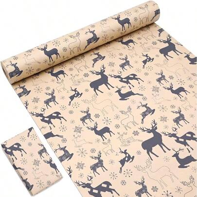 Roll Of Christmas Wrapping Paper 15M  Gift Wrapping Paper 43cm Width Kraft Paper Printed With Navy Blue Elk Snowflake For Christmas Birthday Gift Wrapping