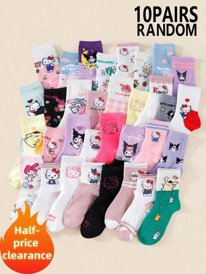 Sanrio 1/5/10 Pairs Random Girl's Sanrio Hello Kitty Socks Assorted Minimalist Styles Year-Round Lightweight Everyday Comfort Crew Socks Goes With Everything Simple Chic Knit Socks For Casual Outings Family Value Pack