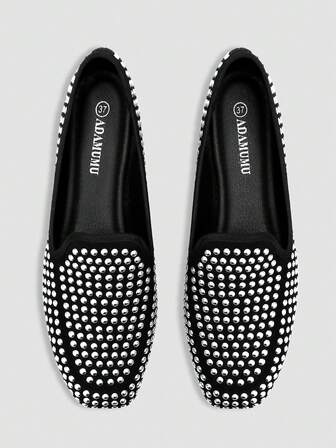 Women's Casual Slip-On Loafers, Metal Punk Style, 3D Embossed Vamp, Breathable Fabric Upper, PU Lining And Sole, Lightweight And Durable, Square Toe, Suitable For Pairing With Pants, New Autumn/Winter Collection