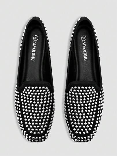 Women's Casual Slip-On Loafers, Covered With 3D Foil Patches, Punk Metal Style, Breathable Fabric Upper, PU Lining And Insole, Soft Outsole, Lightweight And Durable, Square Toe, Suitable For Pairing With Pants, New Spring/Summer Collection