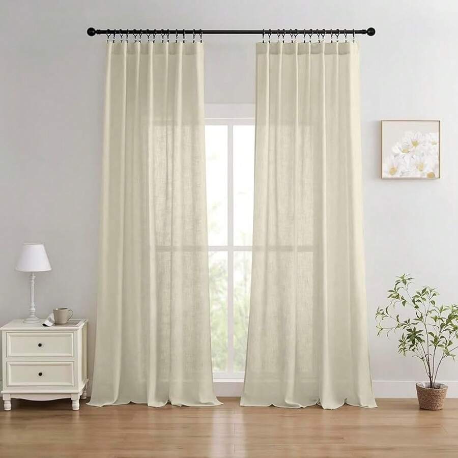 Sheer Curtains 84 Inches Long, White Curtains Living Room 2 Panels Set, Linen Curtains Window Privacy With Filtering (W52 X L84 Inch, Linen), Home Decor - 自然的 - 查看 1