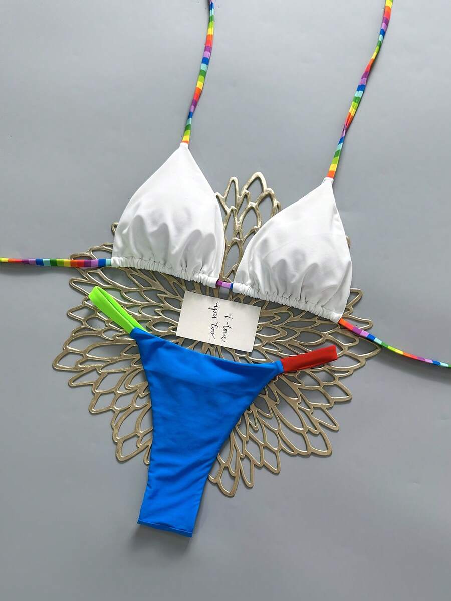 2pcs Geometric & Tropical Floral Print Swimsuit, Casual Cute Elegant Sexy Bohemian Tie-Up Bikini Set, Suitable For Spring/Summer Beach Vacation, Women's Swimwear, Beach Outfit, Women's Bikini, Women's Beach Set