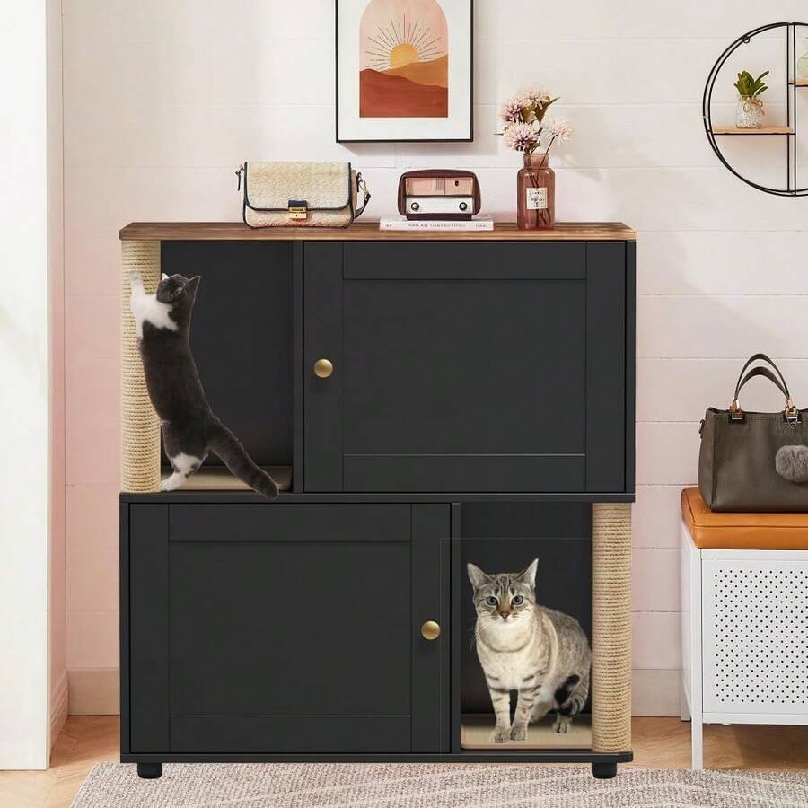 mteryoing Cat Litter Box Enclosure For 2 Cats, Double Hidden Litter Box Furniture Cabinet With 2 Scratch Mat And Scratch Post, Modern Farmhouse Wooden Enclosed Cat Washroom, End Side Table - Black - View 1