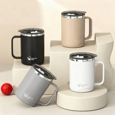 1 pieza Taza de café de acero inoxidable 304 de 500ml con tapa y asa, taza de agua aislada térmicamente de doble pared portátil, taza para beber a prueba de escaldaduras, taza de té, leche y café a prueba de fugas, adecuada para estudiantes y adultos en el hogar, la escuela, el dormitorio, la oficina, el campamento al aire libre, el picnic, los viajes, de vuelta a la escuela