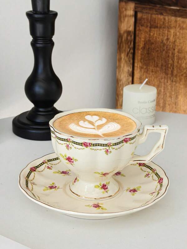 1pc French Retro Palace Style Floral Ceramic Gold-Plated Coffee Cup & Saucer Set, European Lace Purple Flower Coffee Cup & Saucer With Spoon, English Afternoon Tea Purple Floral Ceramic Tea Set