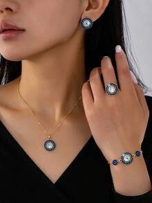 1 Set Bohemian Style Geometric Round Evil Eye Inlaid Faux Turquoise & Glass Gem Women Charm Jewelry Set, Suitable For Daily Wear - Multicolor - View 3