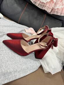 Teens' Pointed Toe Chunky Heel Cute Bow Rhinestone Decor Flats, Fashionable For All Occasions, Elegant Gift For Girls - 紅色 - 查看 15