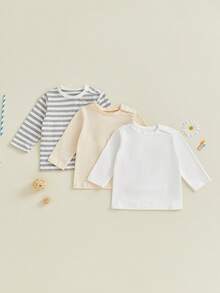 Toddler Litter Boy 3 Pack Tops Set Fall Fashionable Solid Striped Long Sleeve Round Neck Pullover - Color - View 2