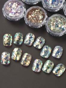 12-Color Set Chameleon Hexagon Nail Glitter, Laser Mermaid Gradient Shiny Flakes, Holographic Rainbow Metallic Powder Nail Art Decorations - Multicolor - View 3