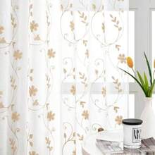 HOMEIDEAS Sheer Curtains 52 X 63 Inches Length 2 Panels Embroidered Leaf Pattern Pocket Faux Linen Floral Semi Sheer Voile Window Curtains/Drapes for Bedroom Living Room(132.1An x 160Al cm (2 Paneles) Blanco y amarillo) - Tipo 37 - Ver 1