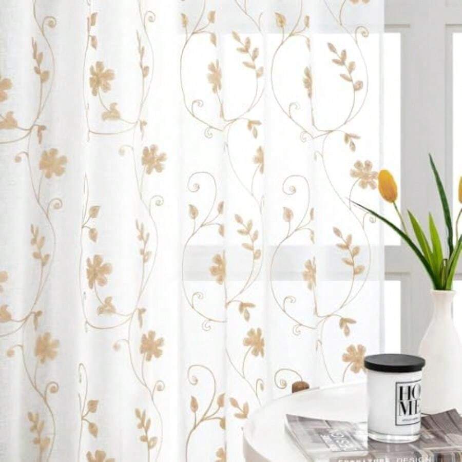HOMEIDEAS Sheer Curtains 52 X 63 Inches Length 2 Panels Embroidered Leaf Pattern Pocket Faux Linen Floral Semi Sheer Voile Window Curtains/Drapes for Bedroom Living Room(132.1An x 160Al cm (2 Paneles) Blanco y amarillo) - Tipo 37 - Ver 1