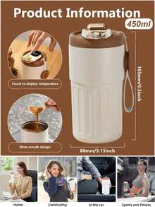 1个450毫升不锈钢保温旅行咖啡杯，带提手，双层真空密封，保温/保冷，防滑，适用于水、奶昔、茶或冰咖啡，非常适合居家、办公、公路旅行、露营、徒步、运动、野餐等场合。