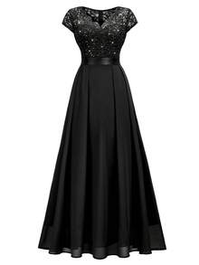 MIUSOL V Neck Sequin Lace Cap Sleeve Chiffon Pleated Hem Evening Party Maxi Dress, Elegant Party Dress For Women, Formal Evening Gown, Prom Dress, For Wedding Guest, Graduation, Dinner - màu đen - Xem 7