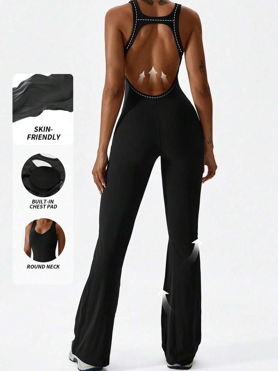 Mujeres entrenamiento Flare Jumpsuits, High Stretch Hollow Back Athletic Bodysuit, Sexy bodyless Gym Bodycon Scrunch Butt Yoga Rompers U Back - Negro - Ver 1