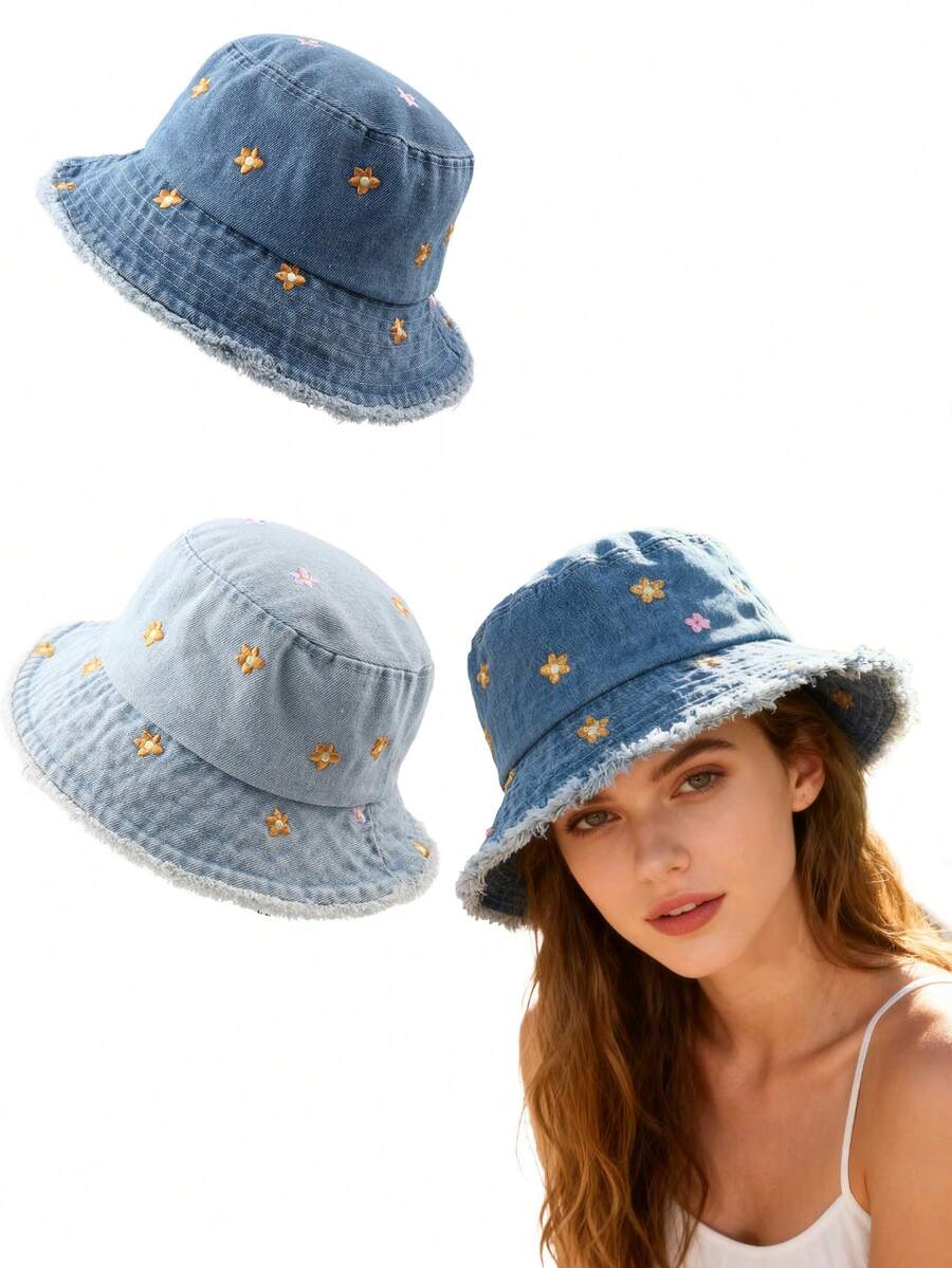 1pcButterfly Knot Cute Spring And Autumn Denim Solid Color Embroidered Bucket Hat, Slimming Face, European And American Small-Circle Outdoor Travel Stylish Hat