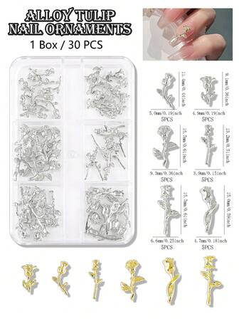 30ชิ้น/1กล่อง ทองและเงิน ประณีต กุหลาบและดอกทิวลิป โลหะผสม เพ้นท์เล็บ ตกแต่งเล็บ สไตล์ญี่ปุ่น Ins กุหลาบ เพ้นท์เล็บ โลหะ แฟลช เพชร วันวาเลนไทน์ Y2k สไตล์โลหะ เรียบง่าย ดอกไม้ ชุดตกแต่งเล็บ