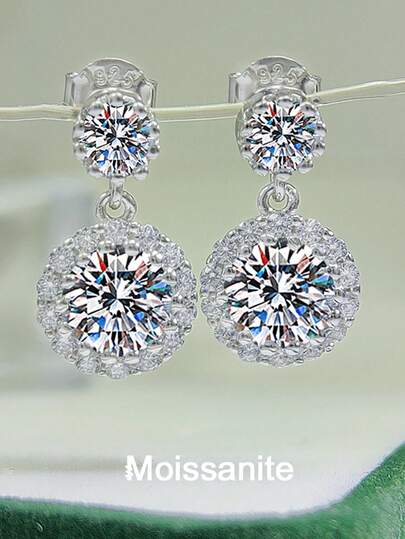 2pcs Luxury 925 Sterling Silver 1Carat X 2 Moissanite Stud Earrings, Suitable For Women's Daily Wear, Commute, Party, Vacation, Birthday, New Year, Valentine's Day, Mother's Day, Wedding Anniversary, Christmas Jewelry Gift