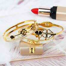 3/1 件女士珠宝手链礼品套装，不锈钢手链配方晶锆石四叶花、蝴蝶吊坠 - 小鎖吊墜組合款 - 查看 3