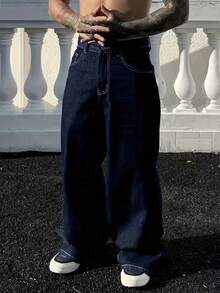 Teenage Boys' Blue Washed Baggy Jeans, Retro Wide Leg Straight Fit, European & American Street Style - Dark Wash - View 2
