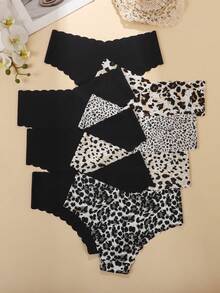 8pcs/Pack - Solid Color & Leopard Print Wavy Trim Design Sexy Seamless Smooth Breathable Women's Panties - Multicolor - View 4