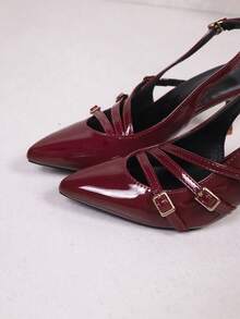 Spring & Autumn Fashion Plus Size Pointed Toe Shiny Patent Leather Vintage 3-Strap Buckle Solid Color Slip-On Elastic Band Metal Buckle Easy To Wear Daily, Party, Wedding, Office Wear, Ankle Strap, Stiletto Heel Elegant Red Ladies Pumps,Burgundy Heels