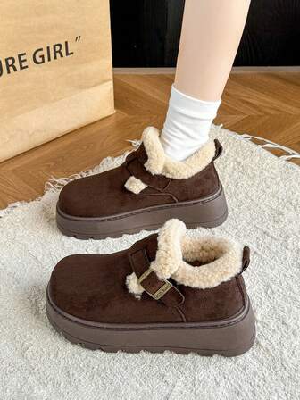 Vintage Platform Winter Shoes For Women, Thick Lining Warm Plush Winter New,Slippers For Women