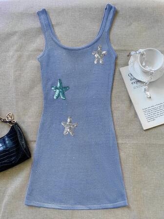 Y2K Elegant Sequin Starfish Embellished Square Neck Sleeveless Knit Bodycon Dress For Summer Beach Vacation Short Sundress For Women