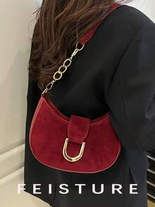 1 Túi đeo vai vải da lộn màu đỏ tía dành cho nữ, Túi đeo vai khóa kim loại thời trang, Thích hợp cho các buổi đi chơi hàng ngày, hẹn hò, đi làm - Màu Đỏ Sâu - Xem 8