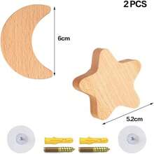 Confezione da 2 ganci da parete in legno per bambini, ganci da parete a forma di stella e luna per la decorazione della stanza, per appendere cappelli e appendere vestiti - Giallo - Visualizzare 5