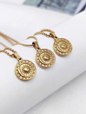 1/3pcs Vintage 18K Gold Plated Stainless Steel Sun Pendant Necklace, Elegant Gift For Women