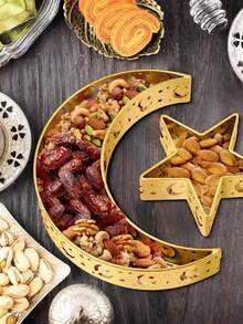 1 Pieza Bandeja de servir de madera con luna y estrella de Ramadán, plato decorativo religioso islámico para frutas y aperitivos, centro de mesa para el festival del Eid en el hogar, la cocina y los regalos de fiesta
