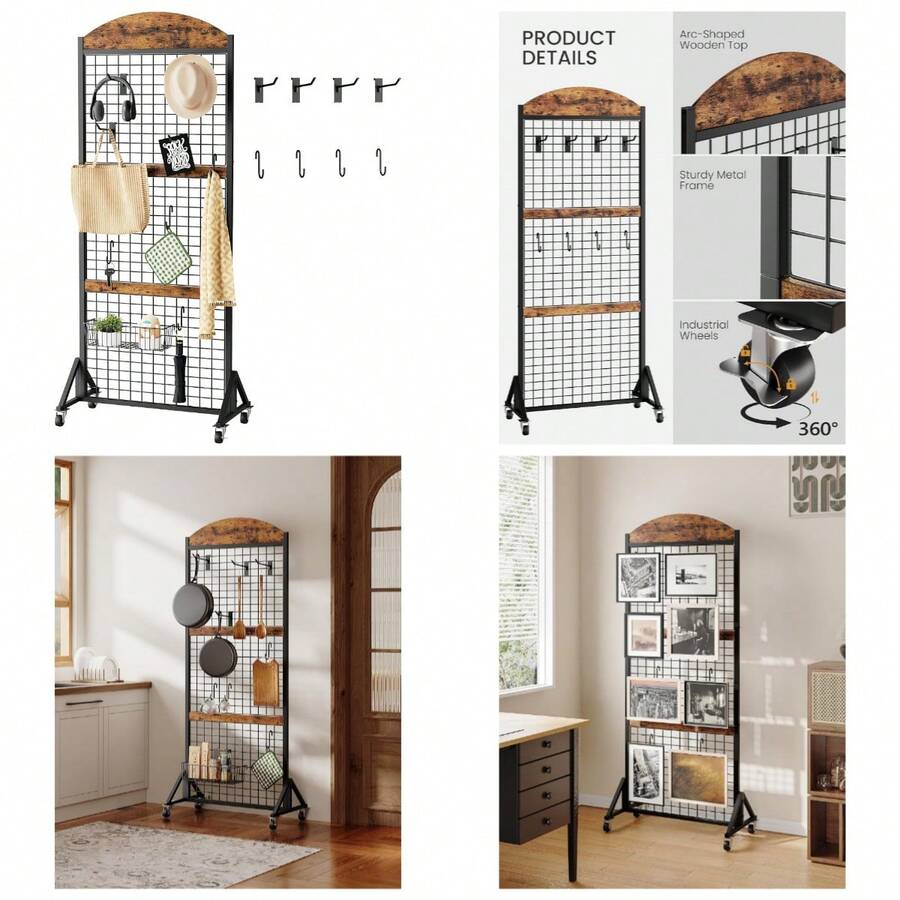 Grid Wall Panel 5.7' X 2' FT Grid Display Rack, Movable Gridwall Display Stand, Sturdy Floorstanding Wire Grid Rack, Rustic Brown And Black TCJ17BF - Nâu và đen mộc mạc - Xem 1