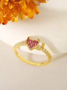 1pc Personalized Angel Devil Heart Eternal Wedding Ring, Copper Material Luxury Inlaid Red Synthetic Cubic Zirconia, Luxury Adult Jewelry, Mother's Day Gift, Halloween, Easter, Anniversary Birthday Gift