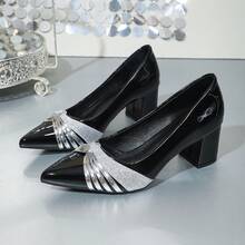 Màu ombre, Phong cách Châu Âu, Đơn nguyên bản, Cỡ lớn 44 43, Da bóng mềm, Gót thô, Giày cao gót, Mũi nhọn, Giày cao gót đế xuồng cho nữ, Đen & Đỏ - Da bóng màu đen - Xem 7