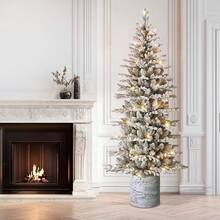 Puleo International 4.5ft Pre-Lit Potted Flocked Arctic Fir Tree With 70 Lights, 419 Realistic Dense Branch Tips, Easy Setup Artificial Trees With Sturdy Metal Stand - 7.5 英尺植絨北極冷杉,配有 230 盞白燈 - 查看 2