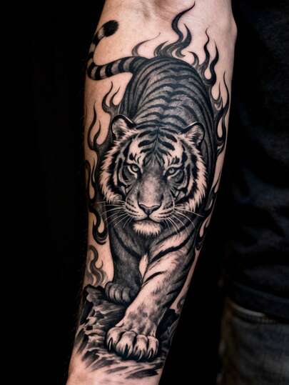 男士纹身贴纸 黑色野兽老虎火焰王归来 霸气图案 临时假纹身贴纸 DIY 日常派对节日礼物 适用于手臂、大腿、肩膀、背部、胸部、腹部 防水逼真身体纹身贴纸 1 包