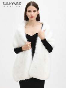 1pc Women's Solid Color Fashionable Faux Fur Shawl, Suitable For Brides, Evening Parties, And Everyday Wear In Autumn/Winter - Pure White - View 2