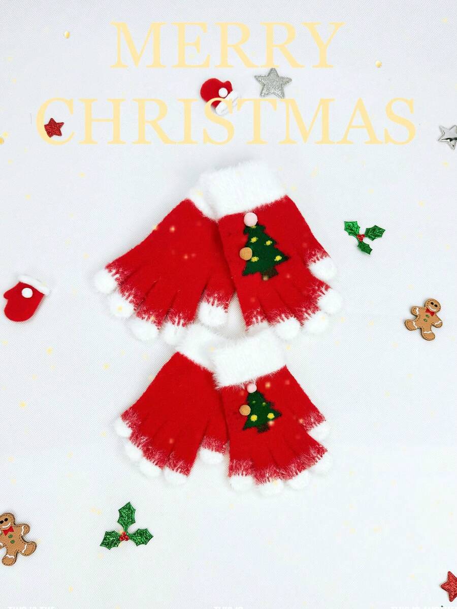 Guanti invernali imbottiti a maglia con motivo natalizio di albero di Natale e fiocchi di neve, adatti per outfit e decorazioni familiari durante le vacanze