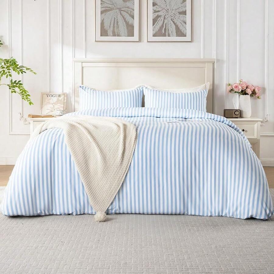 FTwin Duvet Cover Set, 2 Pieces Soft Bedding Set, Breathable And Cooling,Includes 1 Duvet Cover, 1 Pillow Case (Blue Stripe, FTwin){Inchcolor_nameinch:InchBlueStripeinch,Inchsize_nameinch:InchFTwininch} - 藍條紋 - 查看 1
