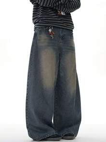 1pc Vintage Washed Loose Fit Distressed Wide Leg Boyfriend Jeans, Casual Design