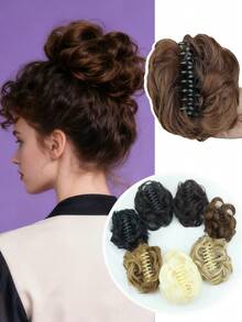 Locken-Pferdeschwanz-Dutt mit Haarklammer - Hitzebeständiges synthetisches Haar mit Haargummi-Basis, unordentlicher Blütenknospen-Chignon für Frauen, Weihnachtsparty Tagesaufsteckfrisur (verschiedene Farben, einfach einklipsen)