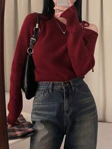 不对称露肩蝴蝶结设计百搭针织毛衣，女士圣诞款 - 酒紅色 - 查看 4