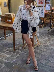 Áo kiểu HUACAITA họa tiết chấm bi cổ điển, tay áo phồng bằng chiffon rộng, bèo nhún, áo sơ mi cài cúc xuyên thấu, phong cách đường phố, kỳ nghỉ hè trên bãi biển, màu trắng. - trắng - Xem 6