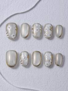 10片/套 手工制作短椭圆形美甲贴纸，饰以Y2K金线和菊花图案，用于美甲装饰，包含1瓶凝胶和1个指甲锉，适合日常佩戴、音乐节、派对、美甲贴纸和美甲护理。 - 金色 - 查看 2