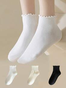 3 pares de calcetines de tubo medio con encaje de unicolor, frescos y lindos para estudiantes mujeres en primavera y otoño