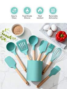 مجموعة أدوات المطبخ السيليكون ذات المقابض الخشبية (12 قطعة/مجموعة أو 44 قطعة/مجموعة) مقاومة للحرارة العالية وغير لاصقة، أدوات طهي وخبز، تستخدم في عيد الميلاد
