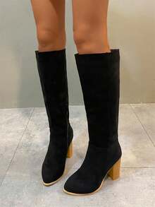 Women's Fashion Pointed Toe Elegant Side Zipper Matte Comfortable Versatile Black & Yellow Two-Tone Chunky Heel Knee-High Boots - Black - View 2