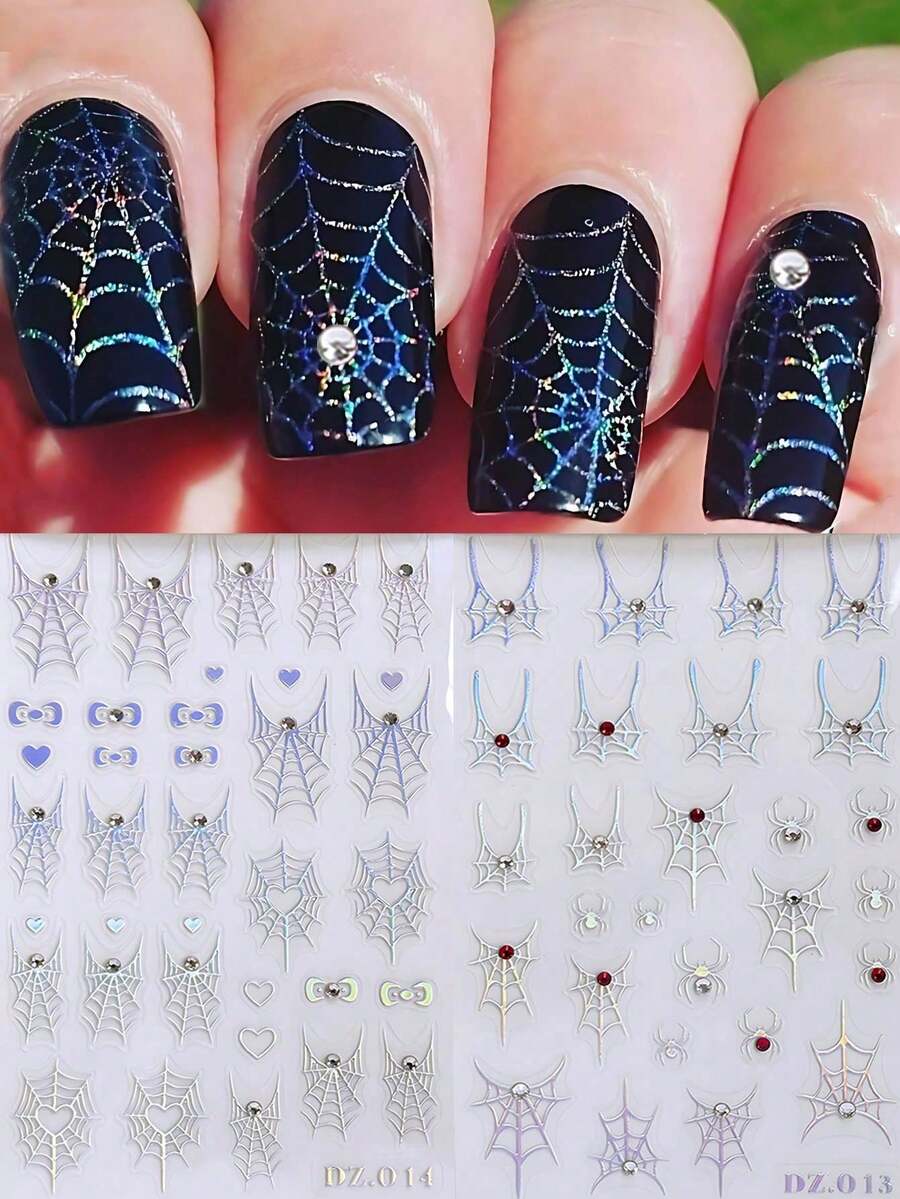 FULL BEAUTY 2 miếng dán móng tay hình mạng nhện hình trái tim bạc ba chiều có đính đá giả kim cương Halloween mạ crôm hình mạng nhện nơ thắt nút trang trí móng tay - Nhiều màu - Xem 1