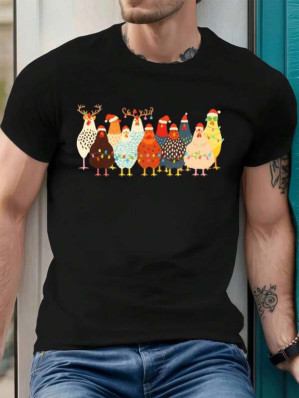 Camiseta navide?a de pollos, 100 % algodón, fácil cuidado, corte entallado, informal, básica y duradera.